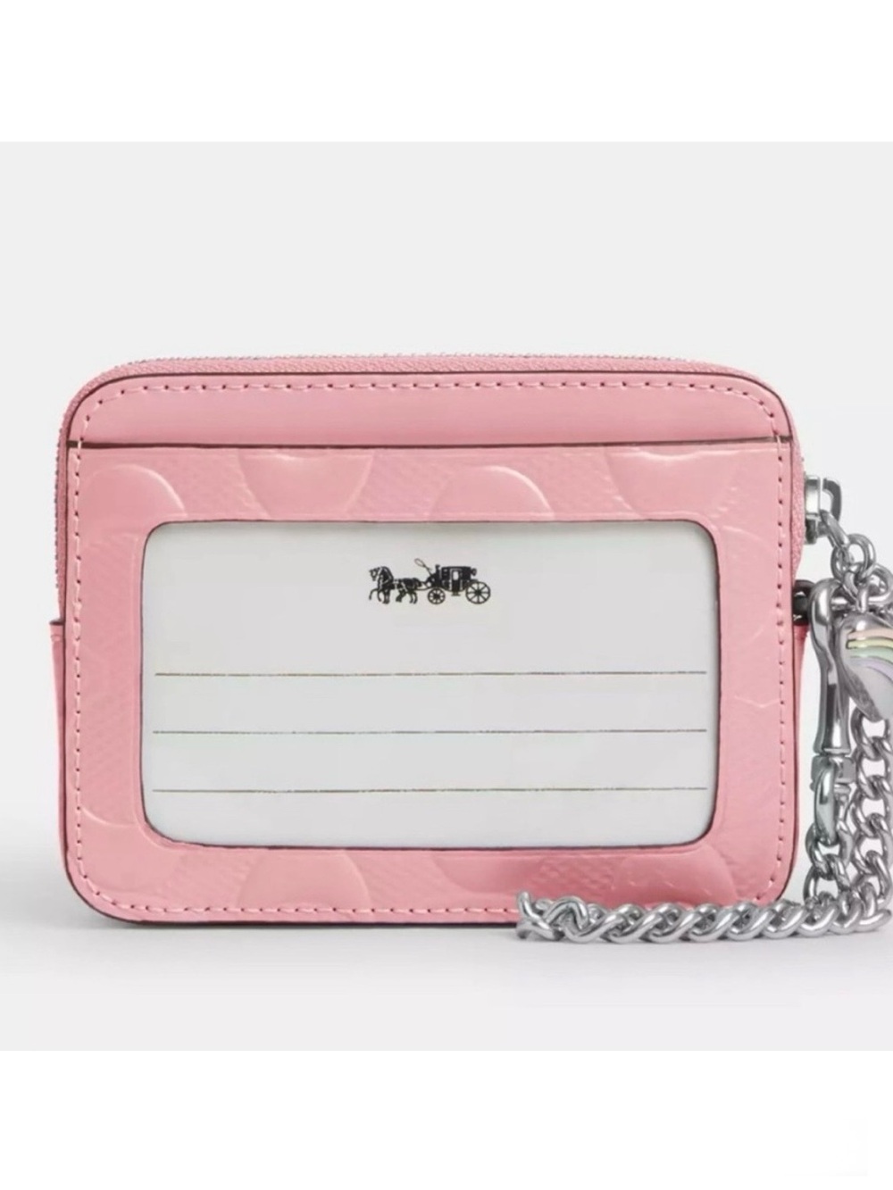 Coach Pink Signature Card Holder with Silver Chain and Heart Charm - Picture 2 of 9